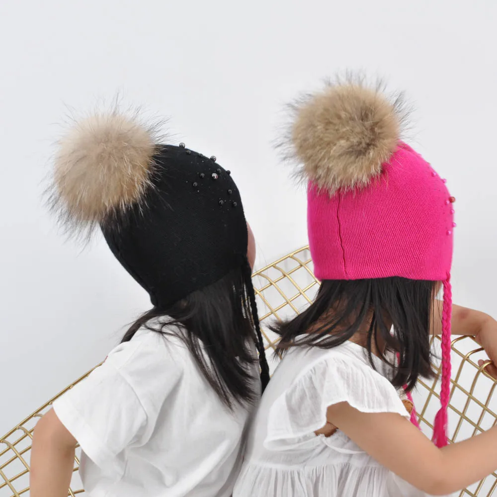 Зимняя шерстяная детская шапка с помпоном из натурального меха для мальчиков и