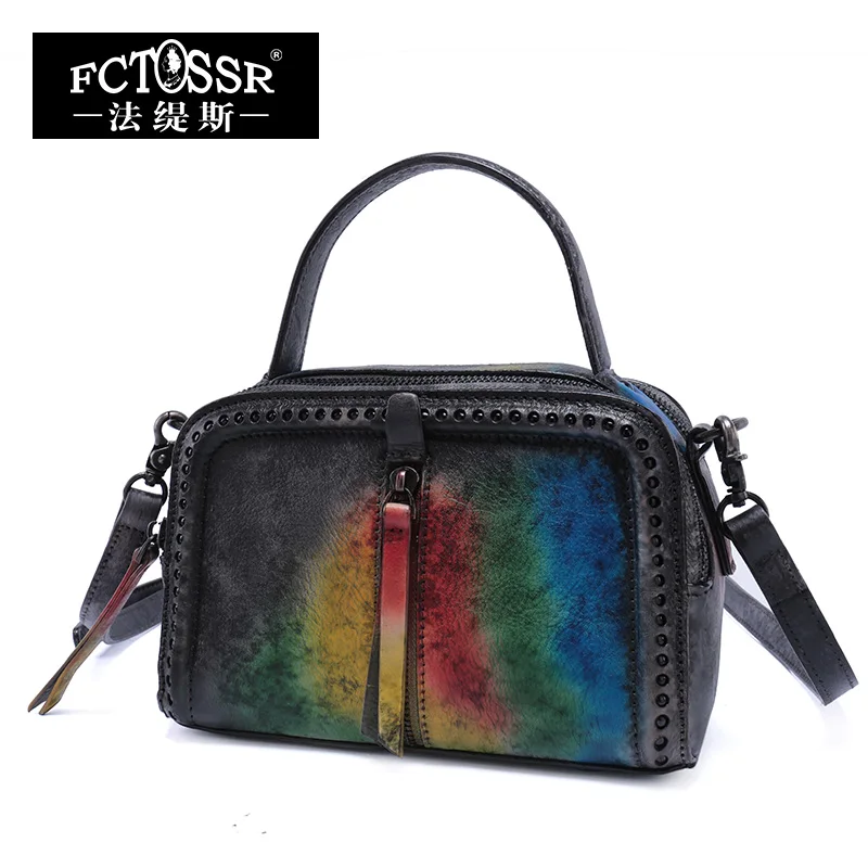

Genuine Leather Handbag 2019 Latest Women Shoulder Bag Handmade Vintage Mixed Color Purse Lady Messenger Crossbody Bag