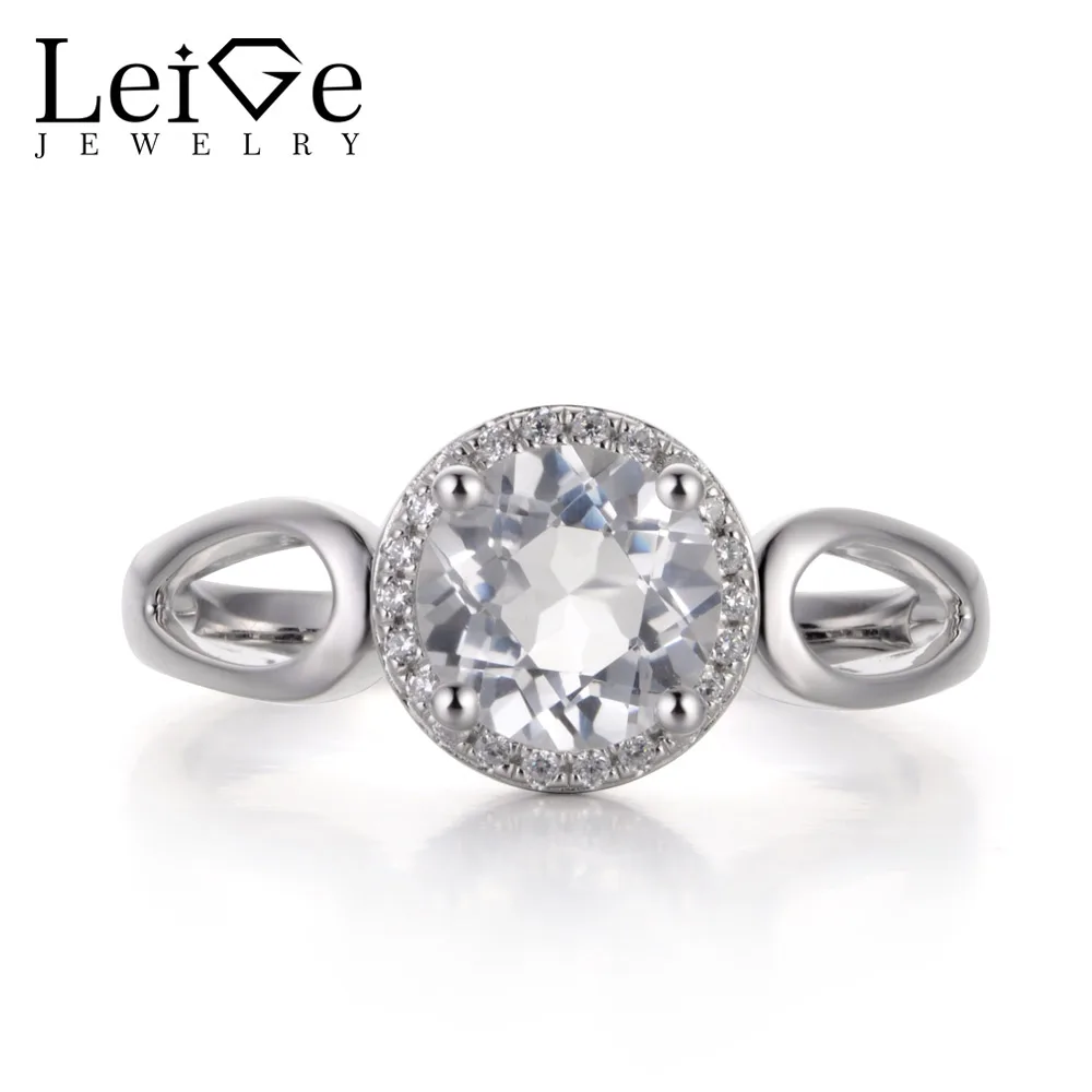 

Leige Jewelry White Color Natural White Topaz Gemstone Round Cut Prong Setting Halo Rings For Woman 925 Sterling Silver