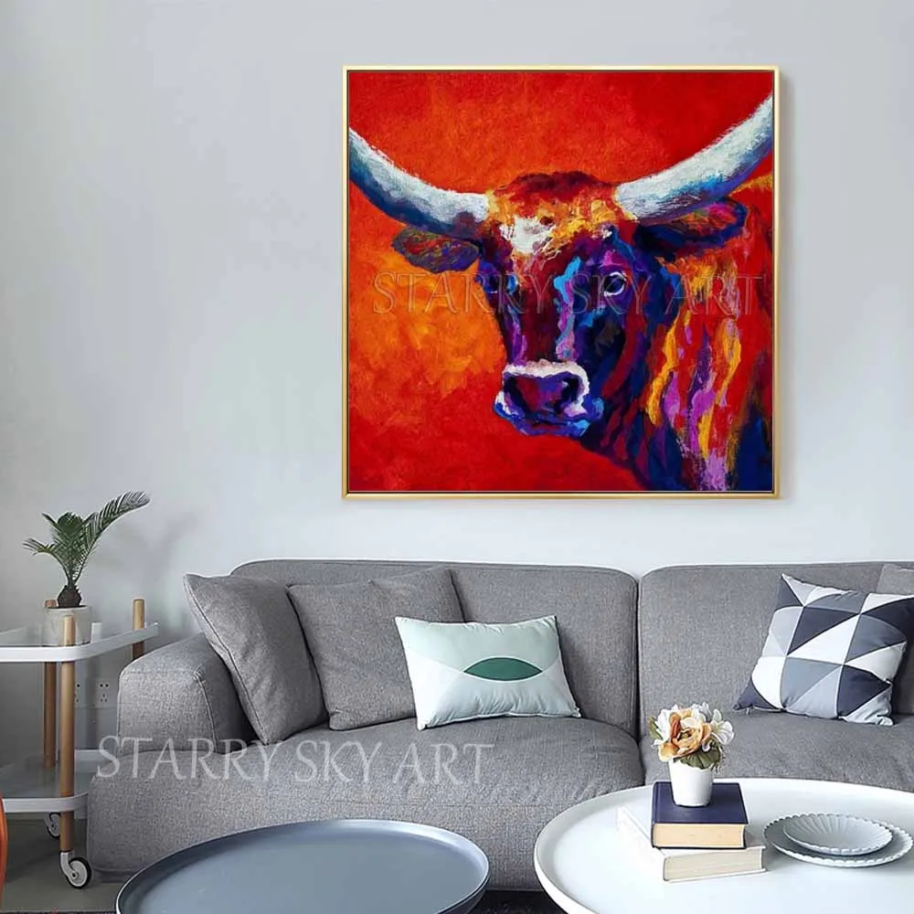 Artist Hand-painted High Quality Modern Abstract Longhorn Bull Oil Painting on Canvas Handmade Animal Acrylic | Дом и сад