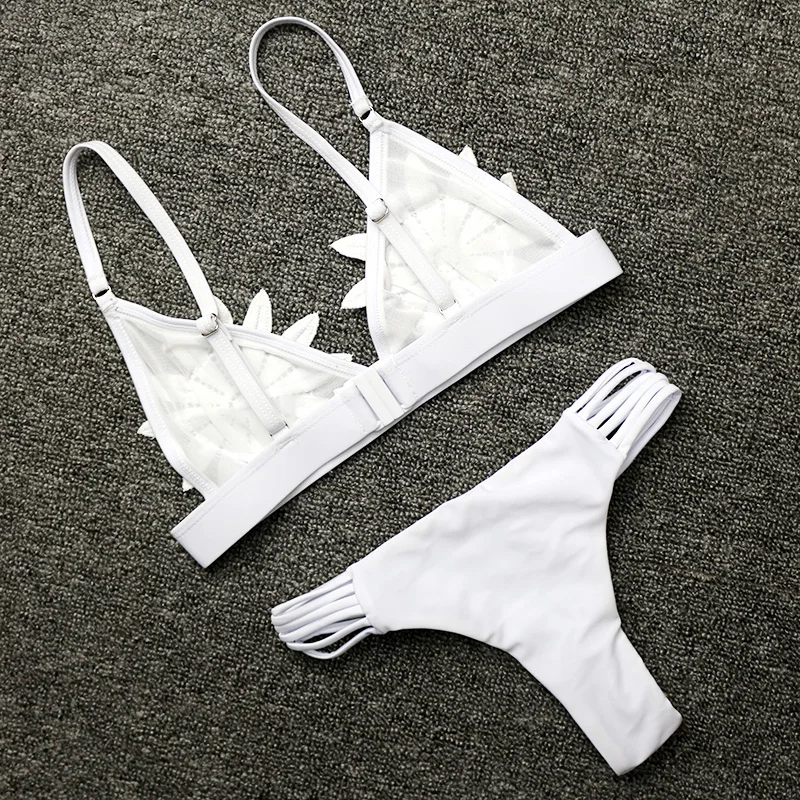 Midou 2019 сексуальный белый сетчатый вышитый цветок Strappy Biquini микро купальный костюм