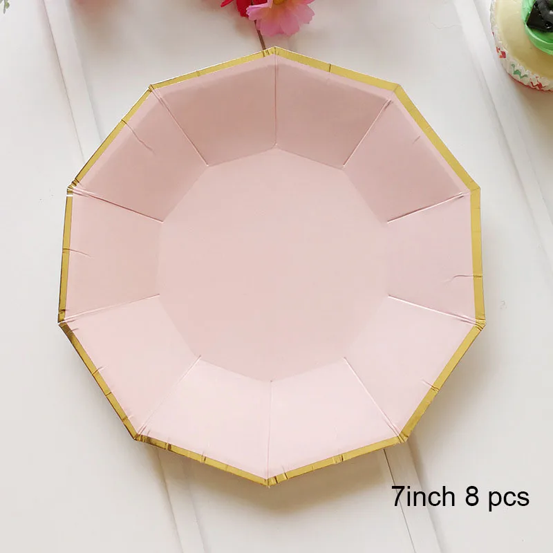 8pcs 7 plates 8 шт., розовая фольга, Золотая принцесса, одноразовая бумажная тарелка, на день рождения, соломинки, для птичьего душа, свадебная декорация с крещением - Цвет: 8pcs 7 plates