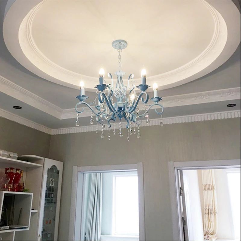 Синий хрустальная люстра железа кристалл свечи гостиная спальня Hotel Лампы