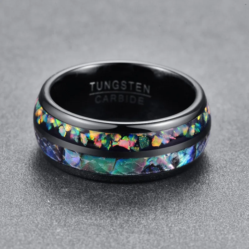 

new Classical Retro electroplated black inlaid shells Opal dome tungsten wedding gift rings never fade dropshipping