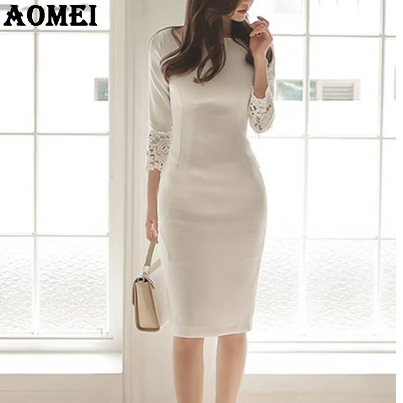 Женские белые платья тонкая скромная рабочая одежда кружевное лоскутное офисное