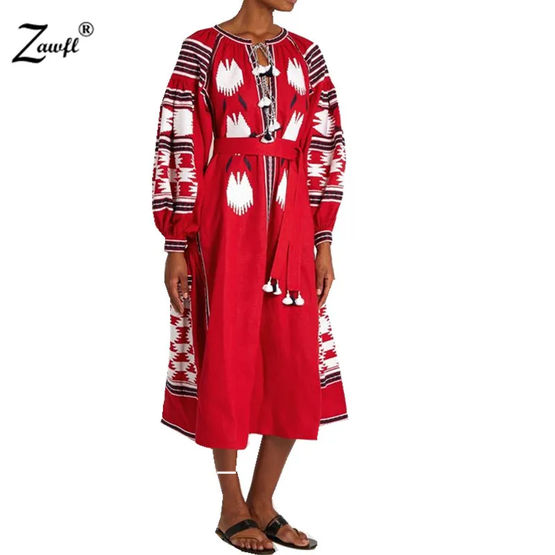 

ZAWFL 2020 Women High quality spring Luxury Runway Long sleeve Embroidery Red Long Dress