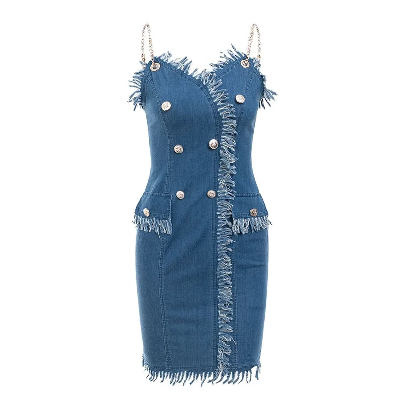Синее джинсовое платье с цепочкой женское сексуальное короткое бахромой на лето