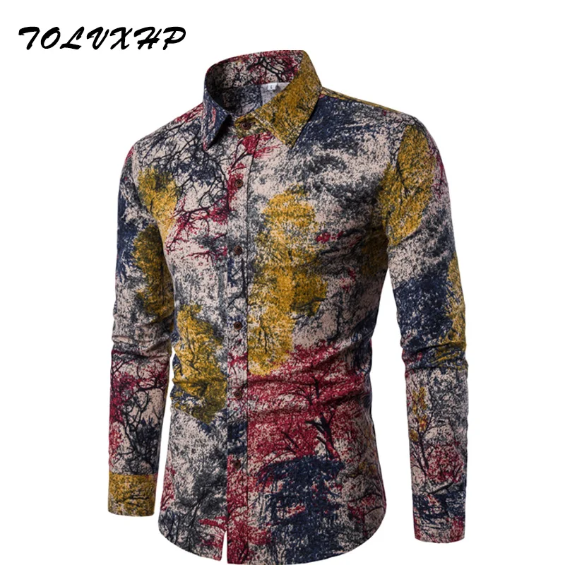Новая брендовая одежда 2018 Модная рубашка Мужская льняная Slim Fit с отложным