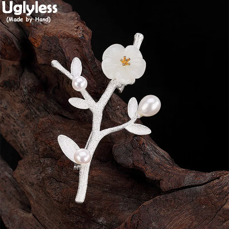 

Uglyless 100% Real Solid 925 Sterling Silver Handmade Branch Brooches for Women Nature Jade Flower Pins Dual Use Pendants Bijoux