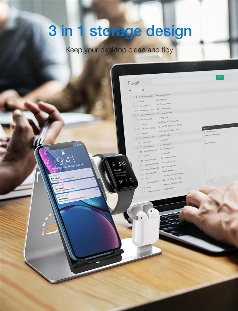 Для Apple Watch для iPhone для Airpods 3 в 1 Алюминиевый сплав Подставка для зарядки 10 Вт Быстрая Зарядка QI Настольный держатель для зарядки