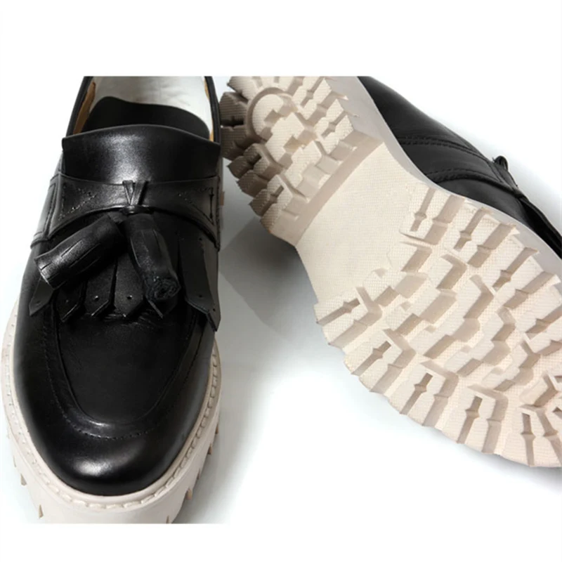 Brand New Retro Mens Genuine Leather Round Toe Tassel Shoes Business Man Fringe Thick Heel Oxfords Heighten | Обувь