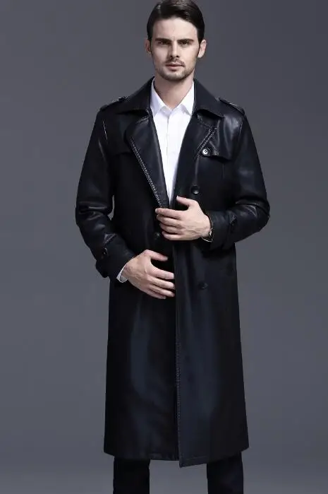 

Korean autumn winter black thicken casual leather coats men slim ouble breasted long coat mens leather trench coats fashion 4XL