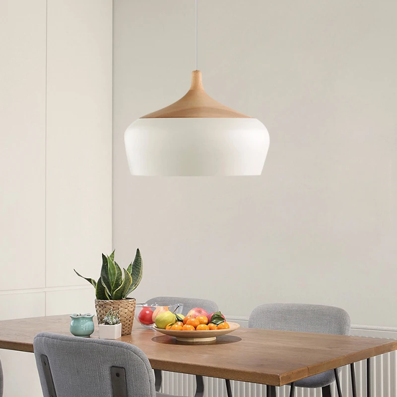 

Modern Pendant Lamp Rubber Wood Aluminum Lampshade Light Nordic Led Home Dining Table Room Bedroom Front Indoor Adorn Chandelier