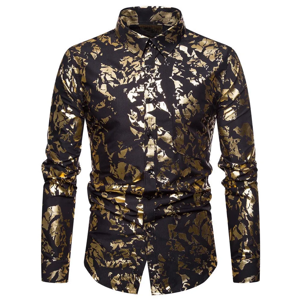 Роскошная золотая фольга с принтом рубашка для мужчин 2018 новый бренд