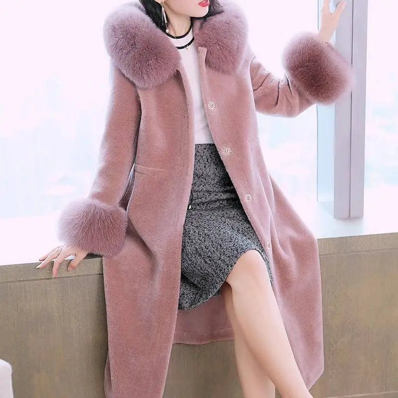 

2019 Winter Vintage Real Fox Fur Collar Hooded Coat Natural Sheep Shearing Fur Overcoat Female Wool Jacket Casaco Hiver M50