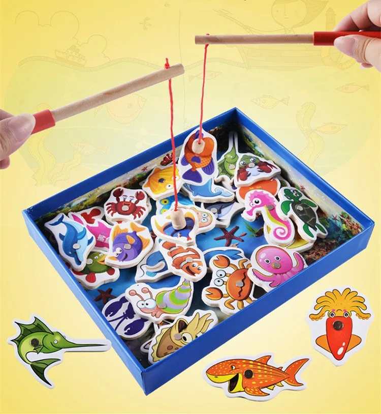 

32 Fishes + 2 Fishing Rods Wooden Children Fishing Toys Set Magnetic Play Fishing Game Tin Box Kids Educational Toy Boy girl