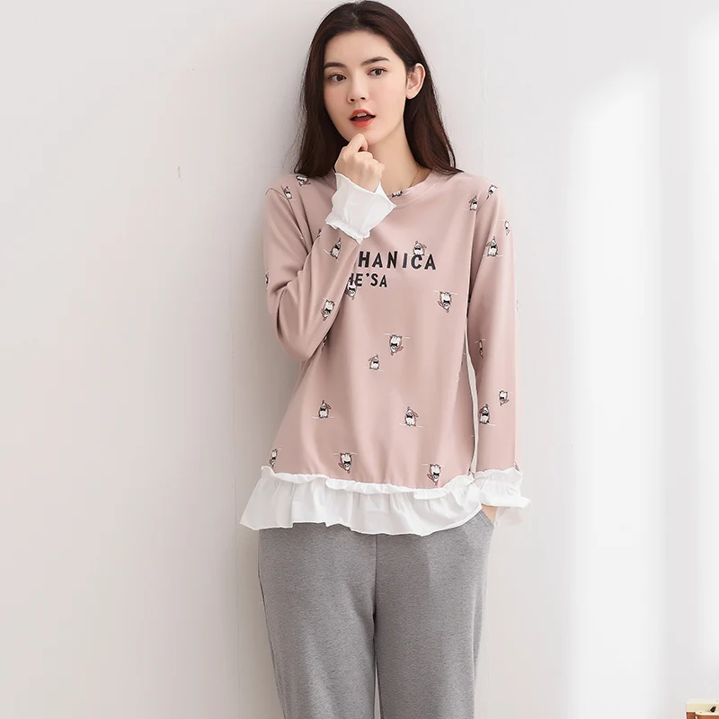 2019 Autumn Winter 100% Cotton Pajama Sets for Women Long Sleeve Lace Pyjama Girl Cute Cartoon Homewear Loungewear Home Clothing | Женская