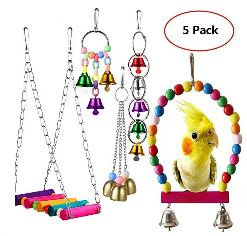 

Bird Supplies Parrot Gnawing Toys Claw Paw Dumbbell Color Wood Swing Rattan Ball Bells Station Combined Toy Sets 5pc/set