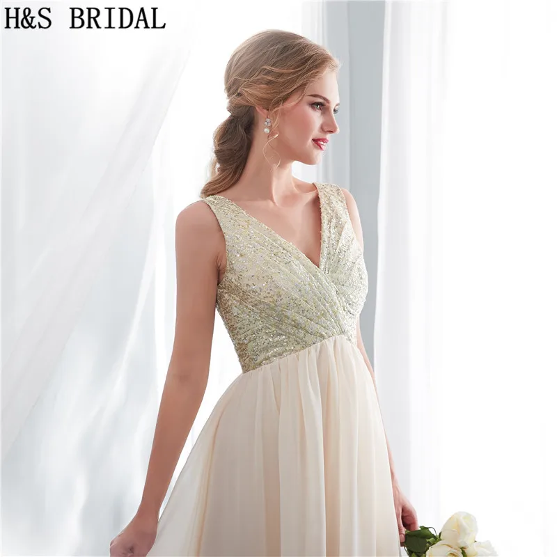 Женское шифоновое вечернее платье H & S цвета шампанского с V образным вырезом