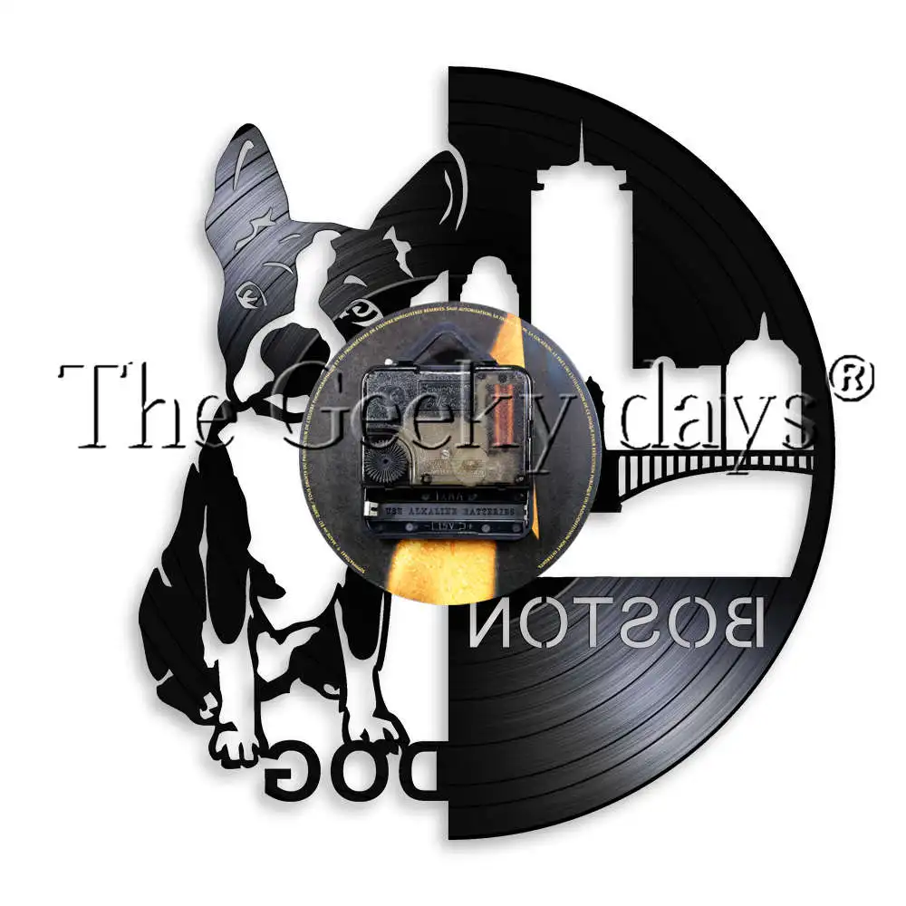 French Bulldog Vinyl Record Wall Clock With LED Backlight Home Decor Watch Pet Puppy Dog Animal Decorative Lighting | Лампы и