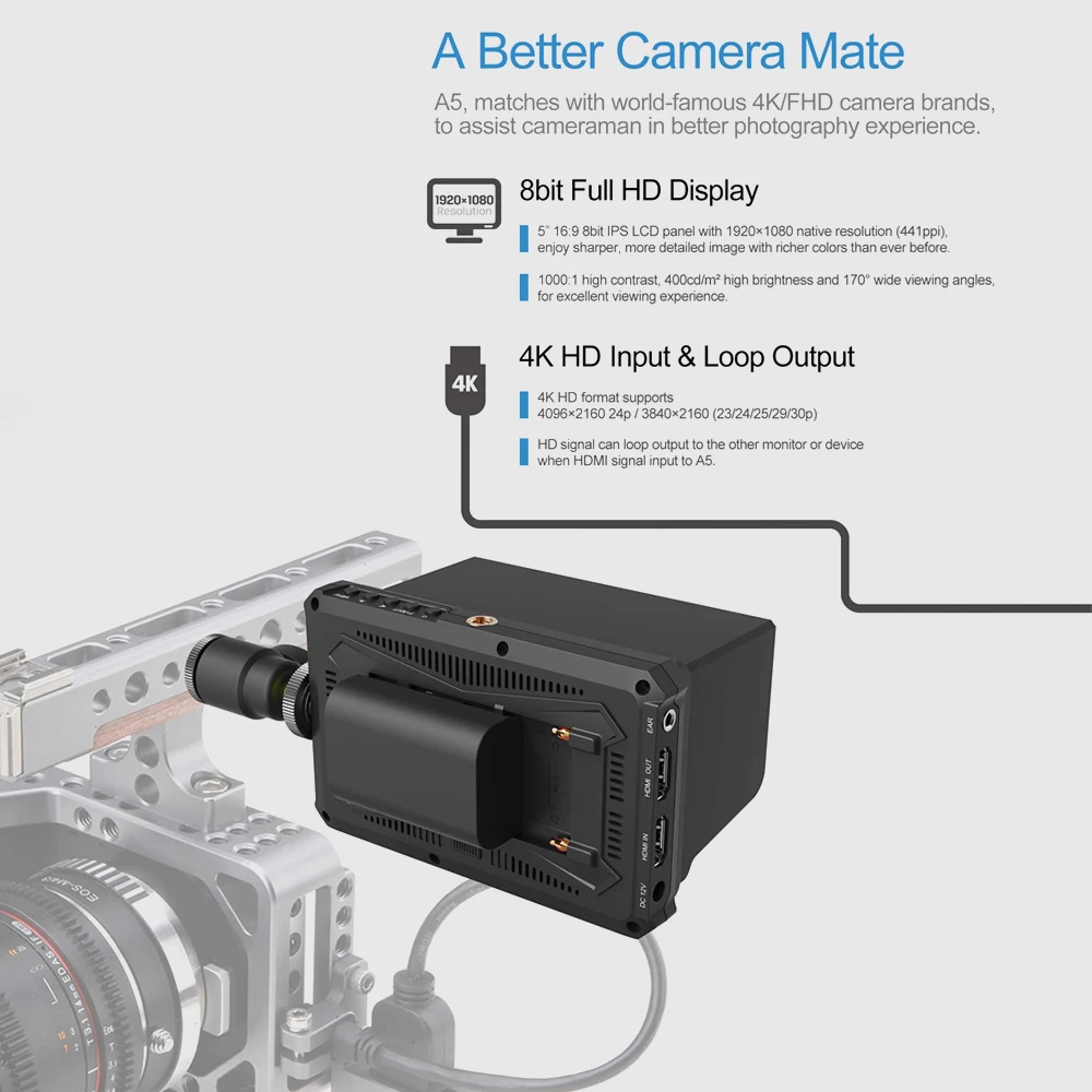 Монитор LILLIPUT A5 5 дюймов IPS для видеокамеры 4K Full HD и DSLR с высоким разрешением 1920x1080