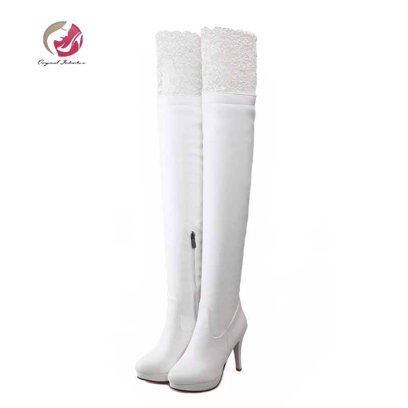 Женские ботфорты на платформе высокие сапоги тонком каблуке белого и черного