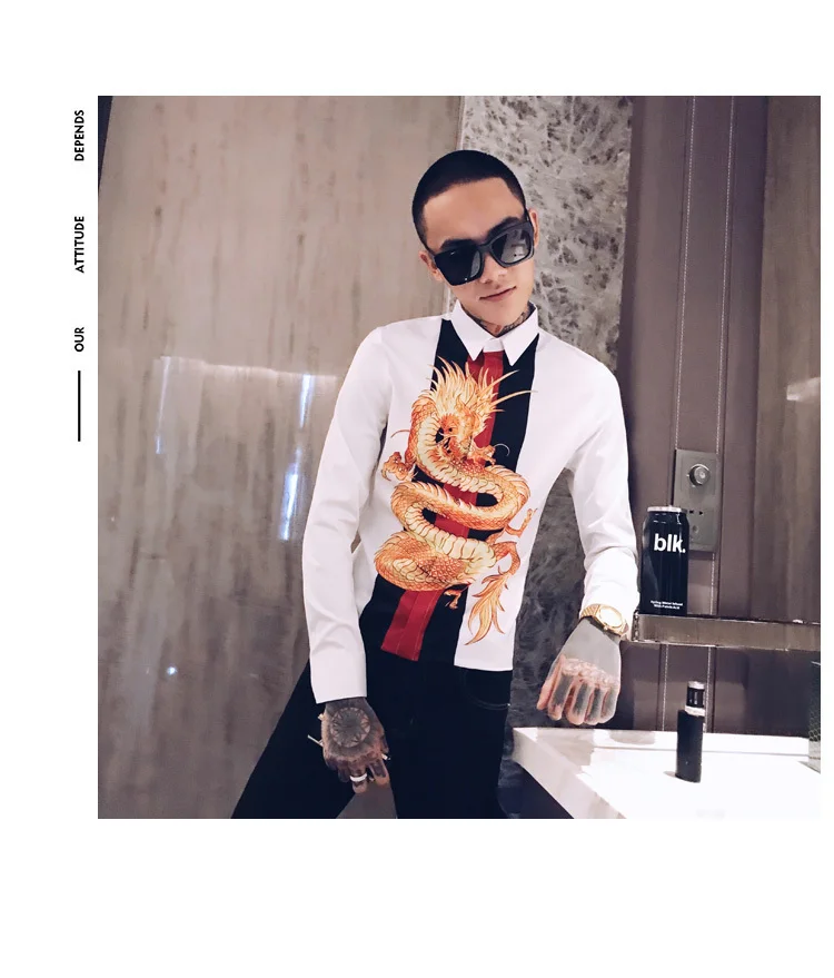 Роскошные сплайсированные ночной клуб смокинг модное платье рубашка Camisa Hombre Slim Fit рубашка Мужская Уличная с принтом дракона Мужская рубашка мужские рубашки