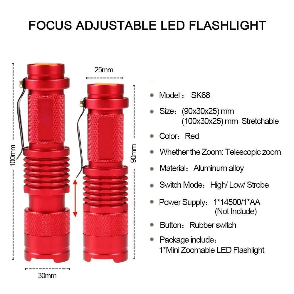 Red Mini penlight 3500 LM LED Flashlight Torch 3 Modes zoomable Adjustable Focus Lantern Portable Light AA 14500 battery | Лампы и