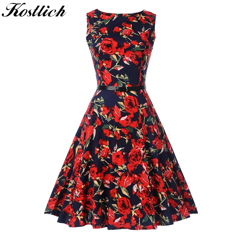 Kostlich 2017 принт летнее платье с цветочным рисунком женские хлопок без рукавов 1950 S