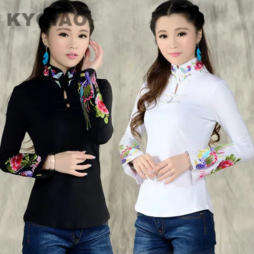 Женская рубашка в китайском стиле KYQIAO черная или белая Этническая футболка с