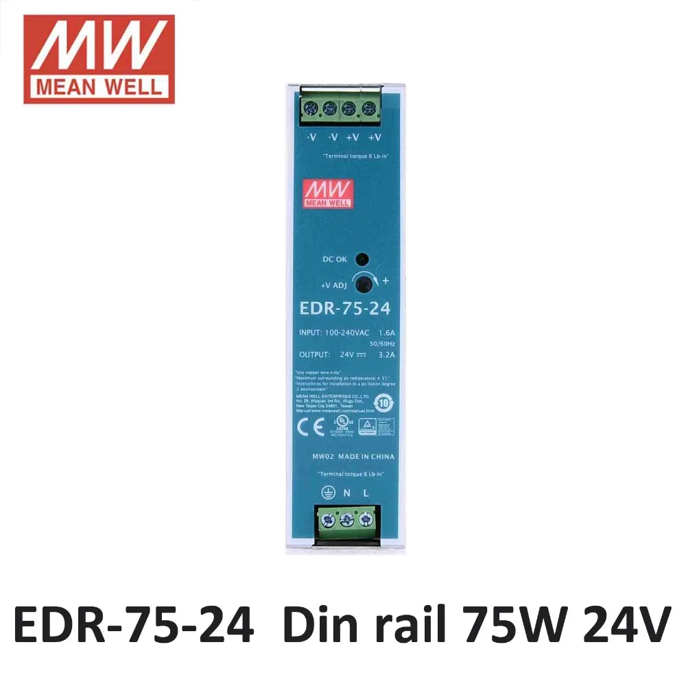 блок питания 24в Mean Well EDR 75 24 AC/DC Mini размер Вт В 3.2A Промышленные Din рейку Питания Meanwell