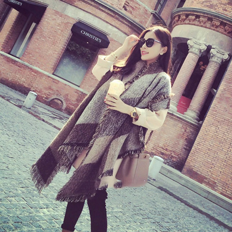 

MANYUE-CO Fashion Pashmina Women Scarf Thickening Warm Winter Plaid Scarf Shawl Reversible Cape Shawl Wrap Blanket Warm Poncho