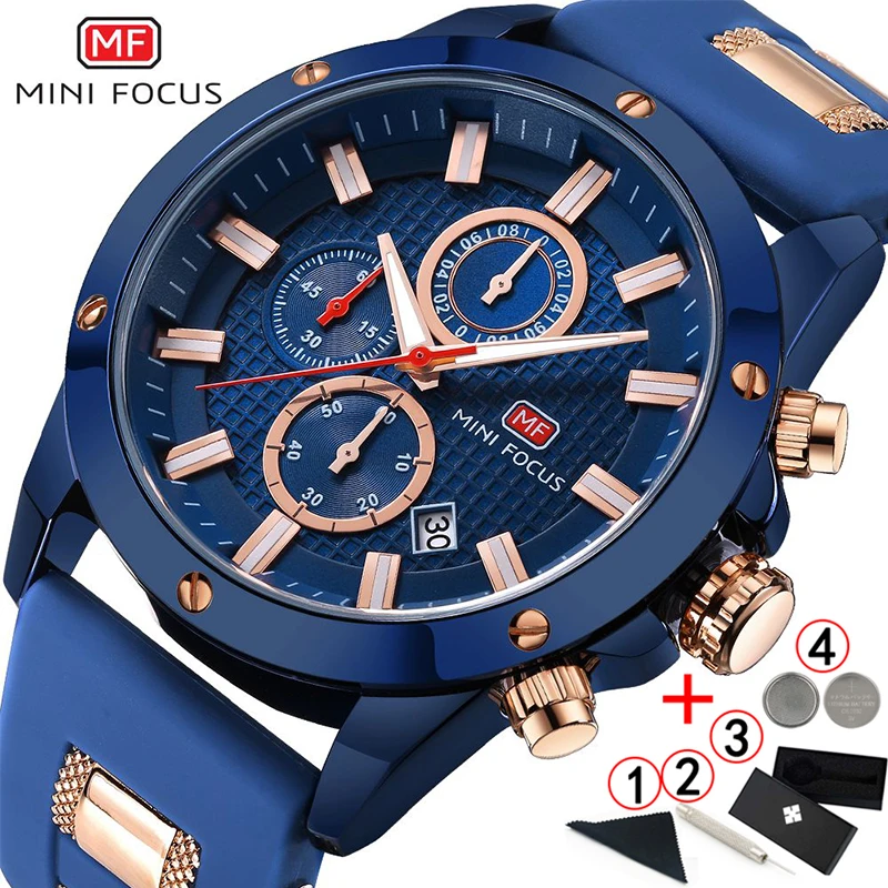 Blue Mens Watches Top Brand Luxury MINI FOCUS Chronograph Sport Men's Wrist Watch 2019 Waterproof Silicone Male Clock Man | Наручные