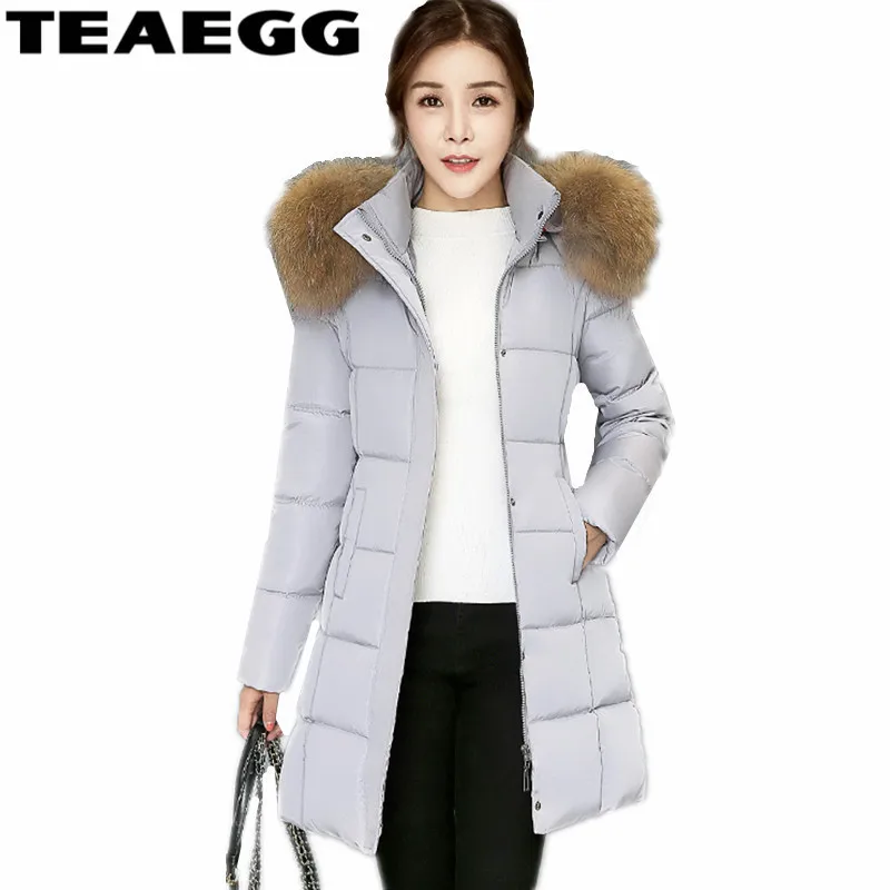 TEAEGG Meduim Long Jacket Women Coat Cotton Hat Removable Manteau Femme Faux Fur Collar Parkas Winter Clothing AL67 | Женская одежда