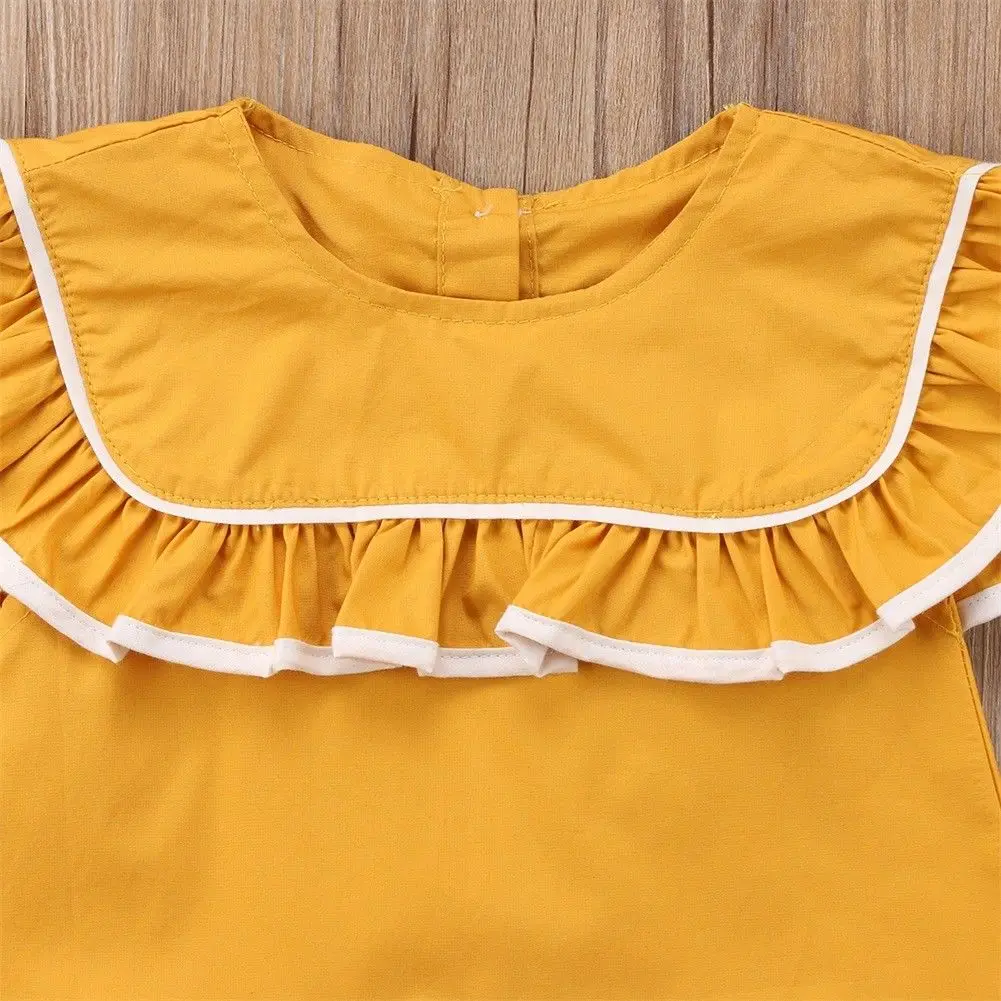 New summer lovely Toddler Kids Baby ruffles short sleeve yellow Princess dress Pageant Wedding Party Vintage Button Dresses | Детская