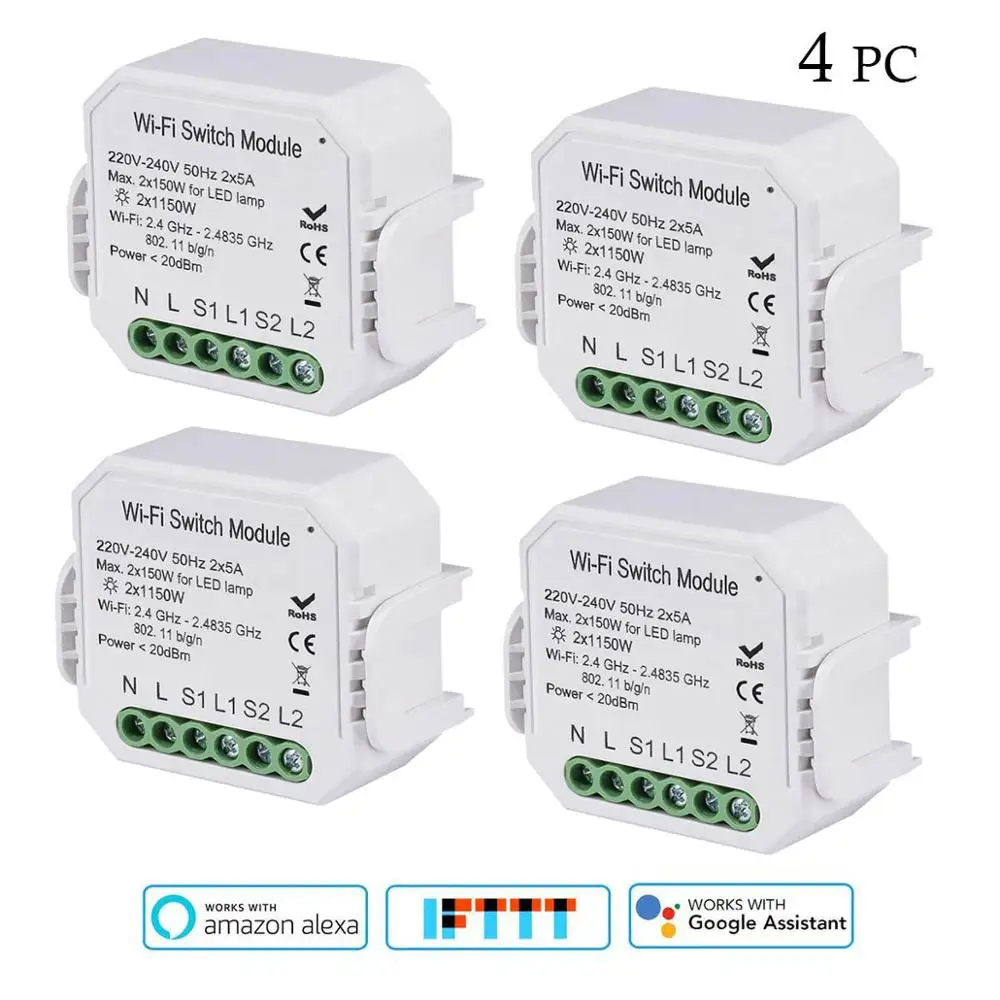 White 4pc Wi-Fi переключатель 2 способ 2 банда светильник управление Лер 2300 Вт умный модуль переключения для таймера Голосовое управление совместимый с Alexa Google IFTTT App Tuya - Цвет: White 4pc