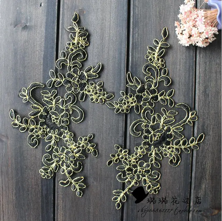 black with gold edge 6 шт./3 пары 25*12,5 см золото/черный/розовый/Королевский Синий Свадебные платья Кружева Аппликация аксессуары вышивка DIY пришить кружево ткань - Цвет: black with gold edge