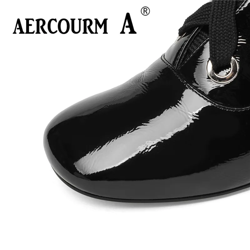 Aercourm A/ г. осенние женские ботильоны на низком каблуке черные ботиночки с декоративной лентой Короткие Плюшевые ботинки блестящие туфли из лакированной кожи Размер 34-43