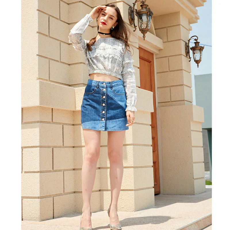 Новинка сезона 2019 джинсовая короткая юбка А-силуэта Женская Однорядная в