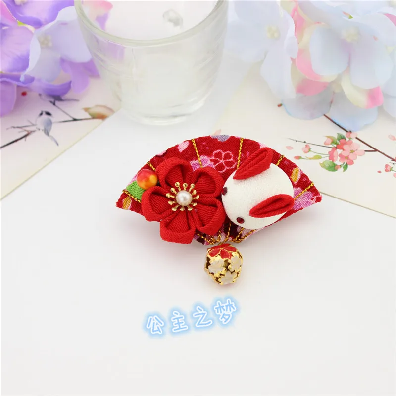 

Traditional Japanese Kanzashi Bell Thick Cotton Fabric Girls Fan Lovely Pink Rabbit Sakura Yukata Headclips Claws HW010-3