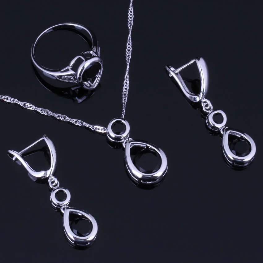 

Outstanding Water Drop Black Cubic Zirconia Silver Plated Jewelry Sets Earrings Pendant Chain Ring V0993
