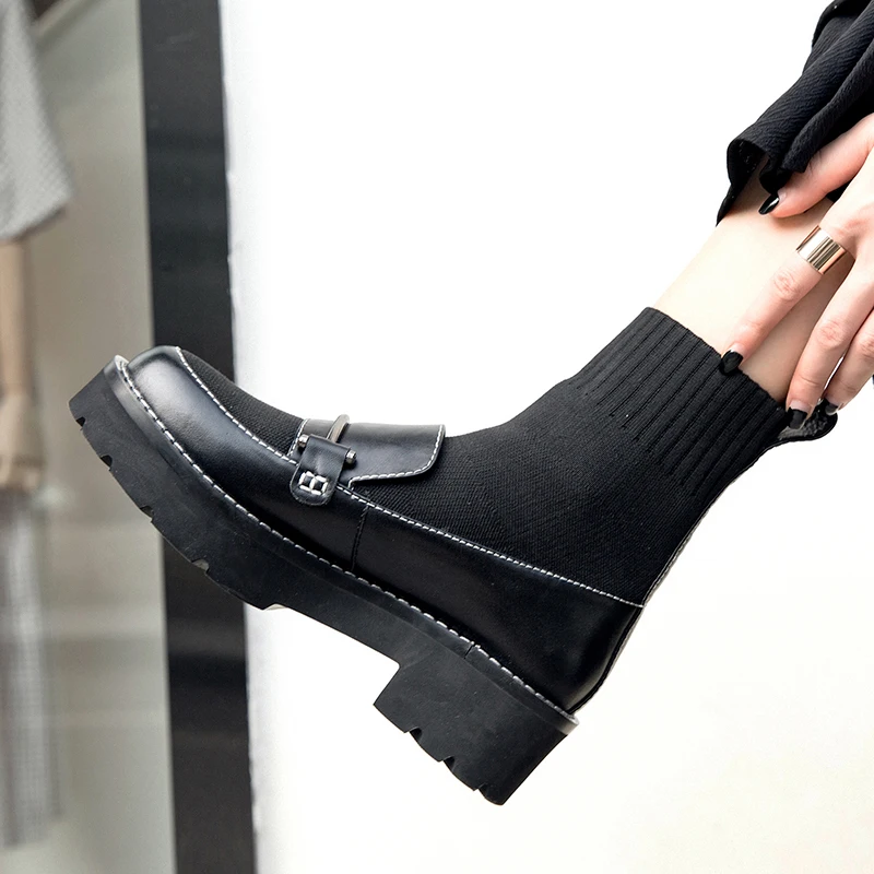 

WETKISS High Heels Women Ankle Boots Knitting Round Toe Footwear Cow Leather Female Sock Boot Autumn Platform Shoes Women 2018