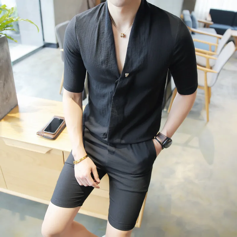 Мужские однотонные комплекты с V-образным вырезом соблазнительный повседневный