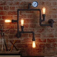 vintage retro loft industrial wrought iron rustic water pipe wall lamp with edison bulbs simulate pressure gauge for bar cafe