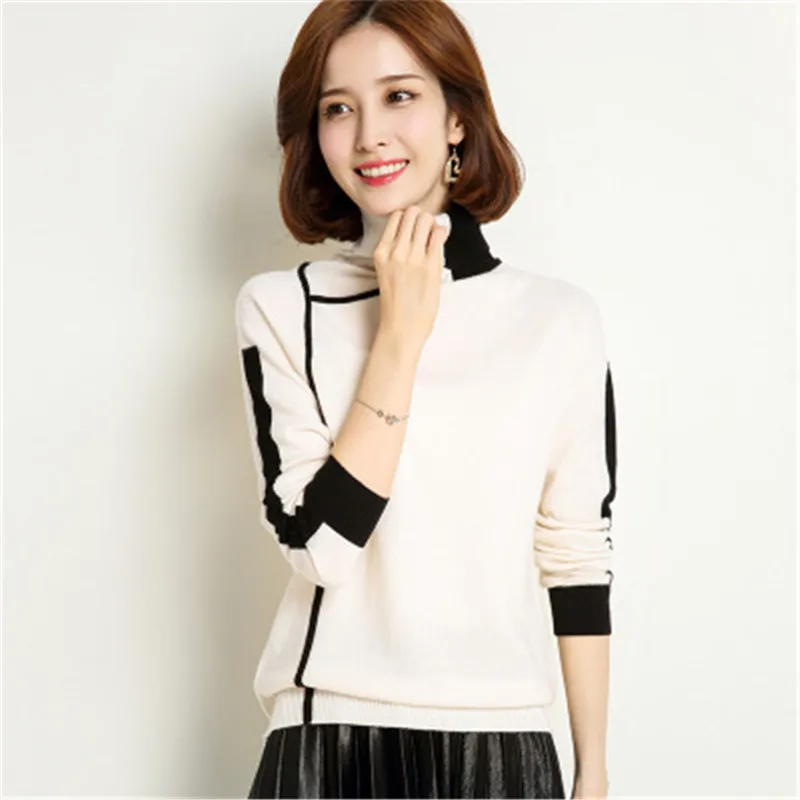 

pure wool knit women korean style patchwork high collar short pullover sweater contrast color M-XL retail wholesale
