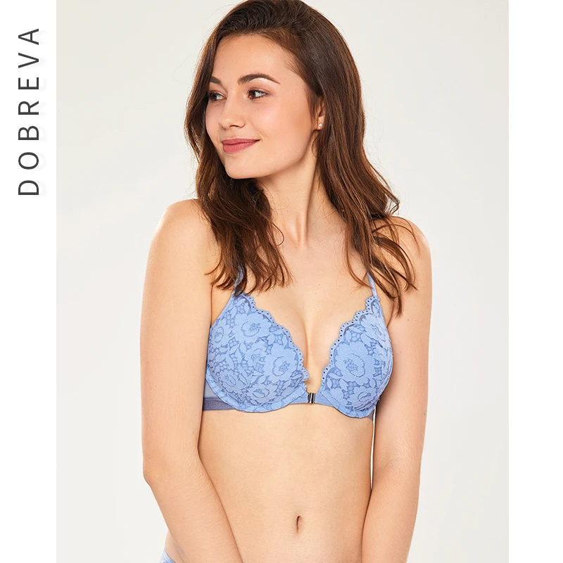 Mystery Blue05 DOBREVA женский цветочный кружевной сзади спереди застежка мягкий пуш-ап бюстгальтер для одежды с глубоким вырезом - Цвет: Mystery Blue05