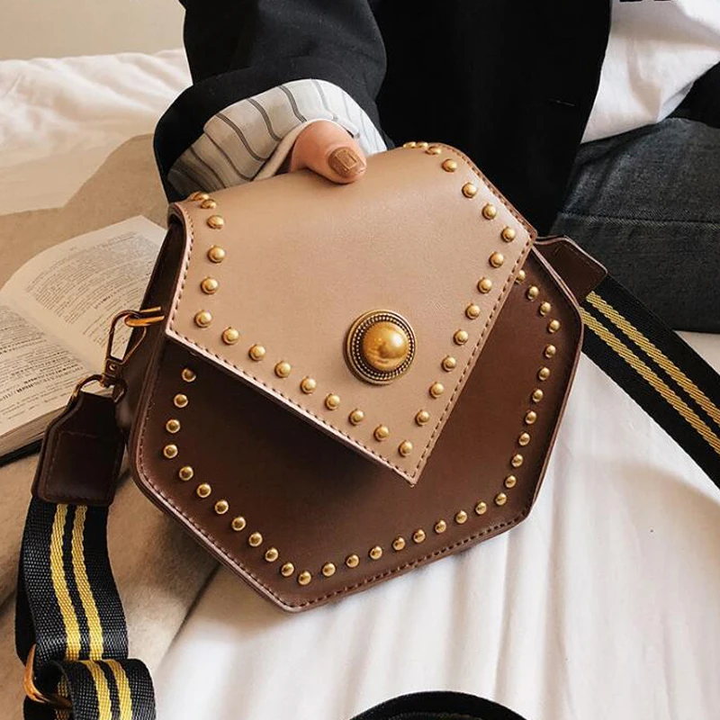 

New Arrrival Women Bag New Hexagonal Pearl Magnetic Buckle Small Square Bag Striped Shoulder Strap Crossbody Slung Handbag
