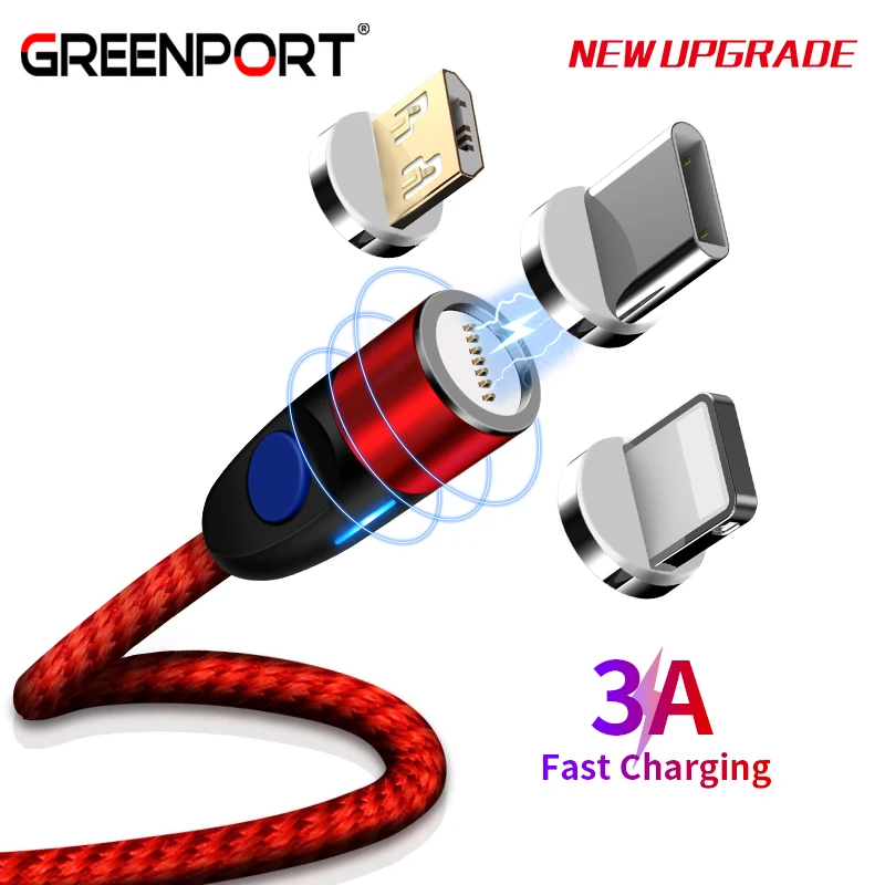 Круглый Магнитный кабель GREENPORT для iphone lightning xs 3A Шнур Micro Usb Type C быстрой зарядки