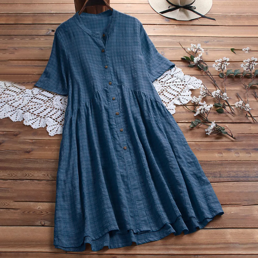 Женское свободное Хлопковое платье повседневное льняное с принтом в клетку