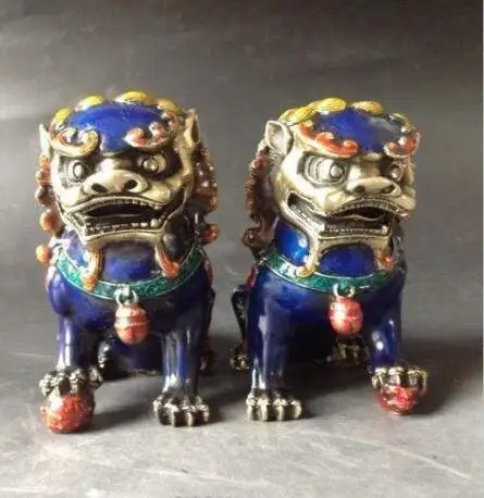 Пара китайская перегородчатая эмаль медная статуя Лев Foo Dog NR|Инструменты и